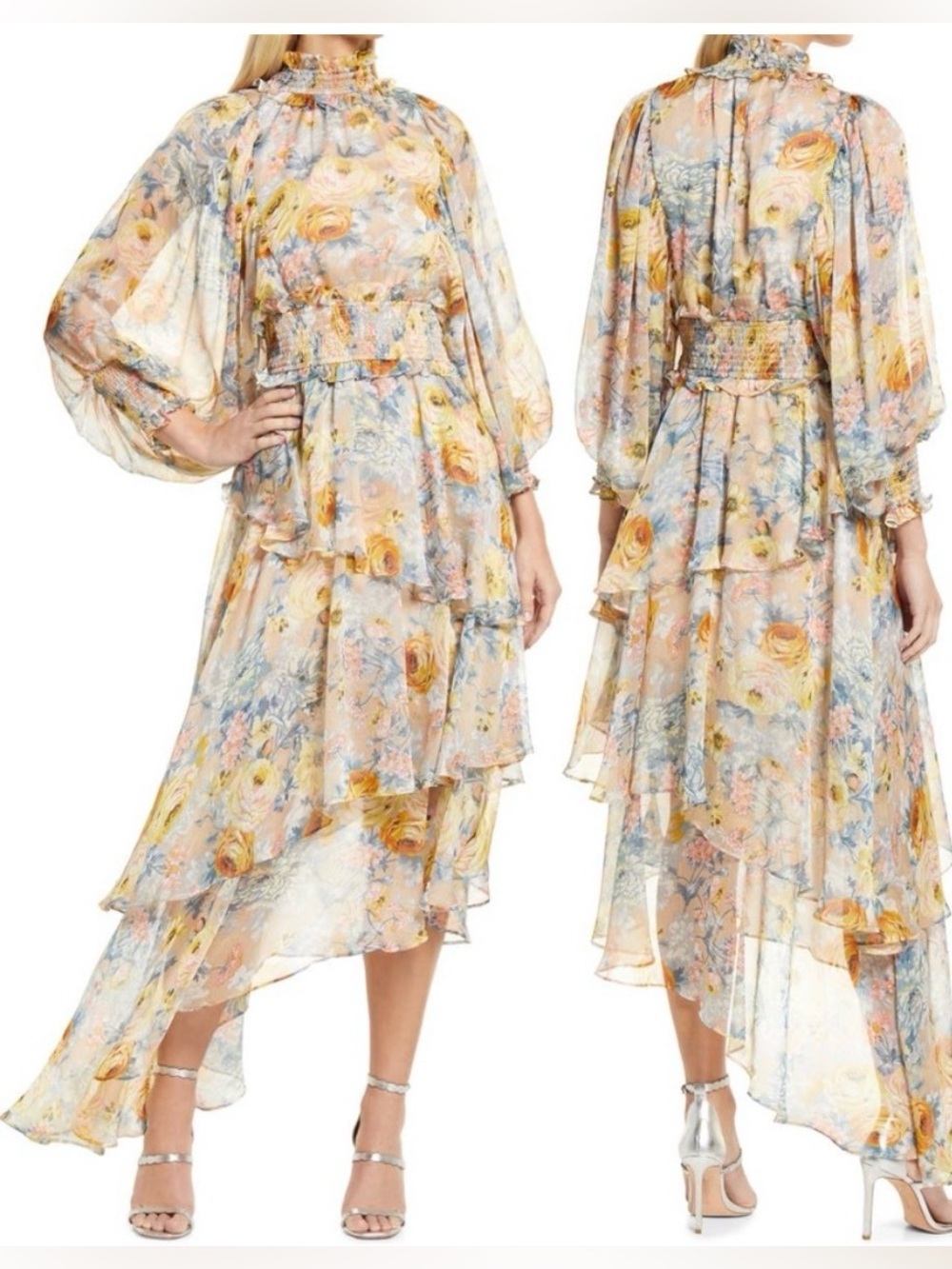 Elliatt Astrid Floral Long Sleeve Asymmetric Dress Sz L Garten Tea Party
